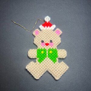 Vintage Finished Needlepoint Teddy Bear Christmas Tree Ornament 5 x 3.25"